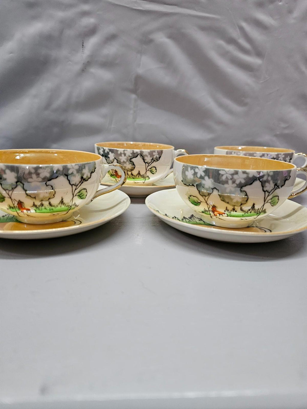 Vintage Hand Painted Japan Teacup Saucer Set of 4 Cottage Scene Nippon