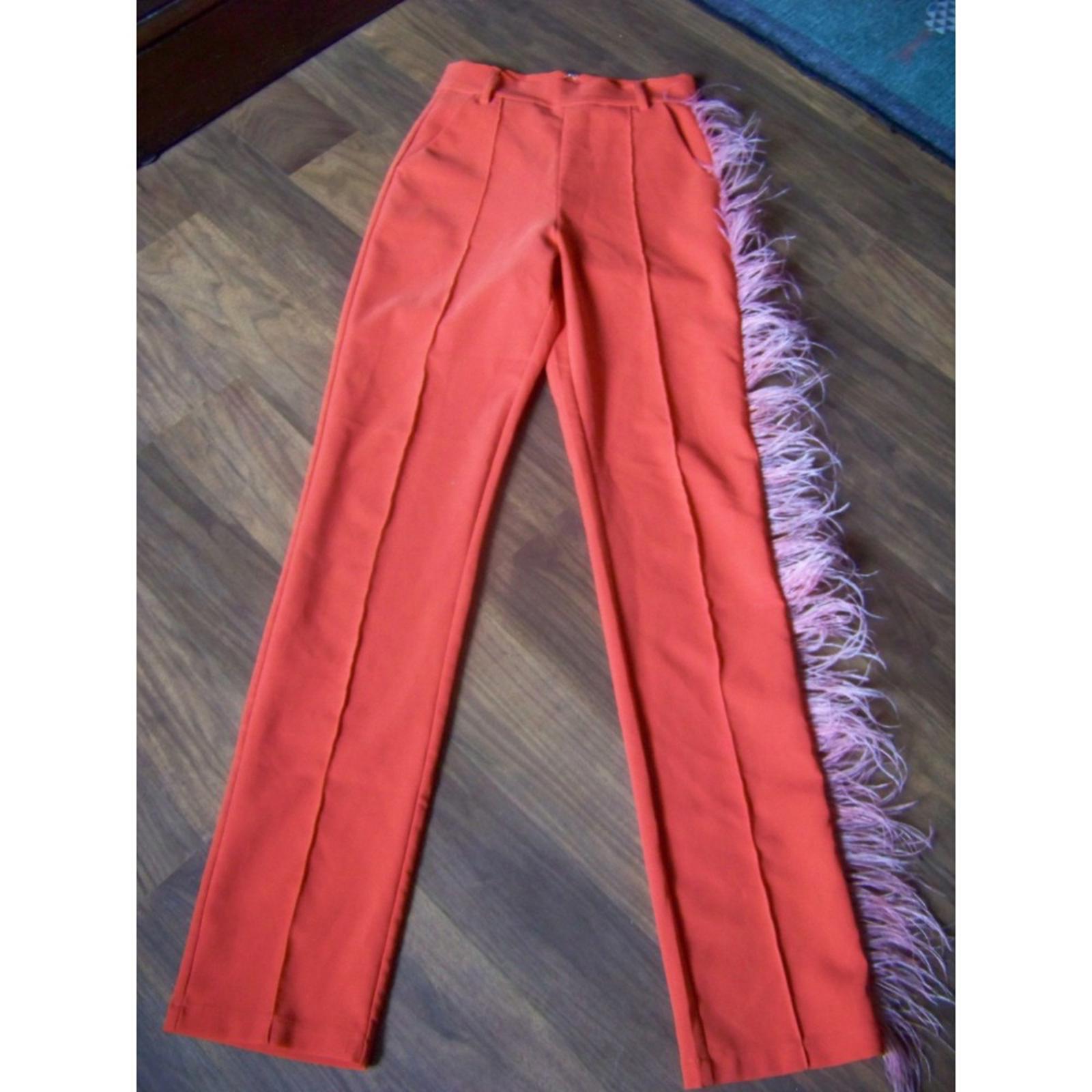 AMMO Coral Orange Feather Trim Pants Small High Waist Statement Fringe
