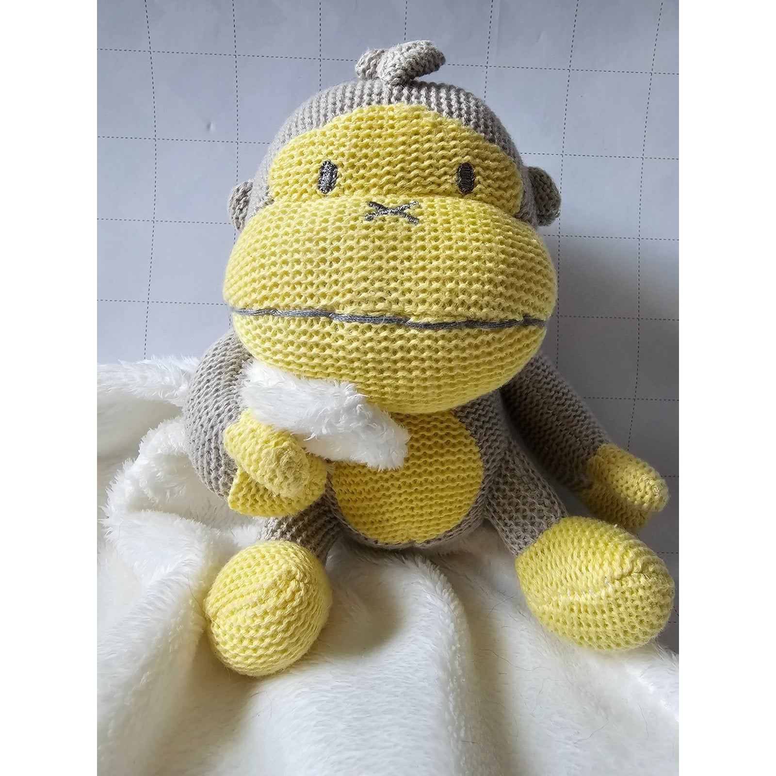 Baby Bum Sun Bum Knit Monkey Lovey Plush Security Blanket Yellow Gray White