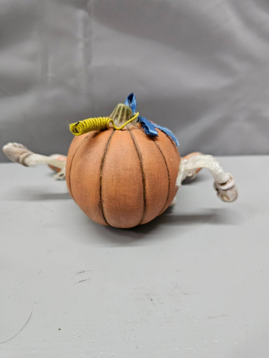 Pumpkin Head Doll Blue Bow Plush Arms Halloween Fall Decor