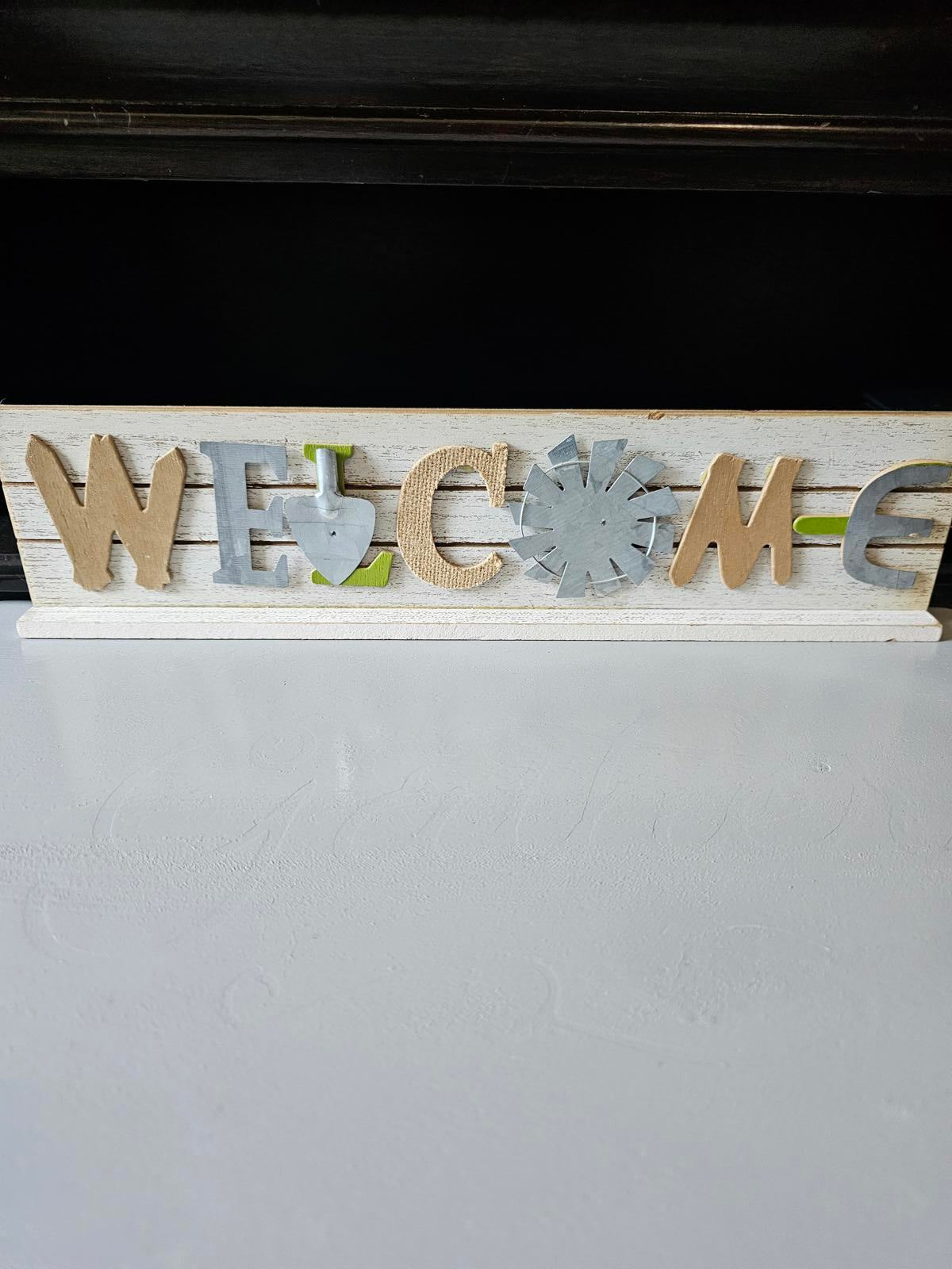 Rustic “WELCOME” Wooden Table Sign Mixed Material Farmhouse Decor
