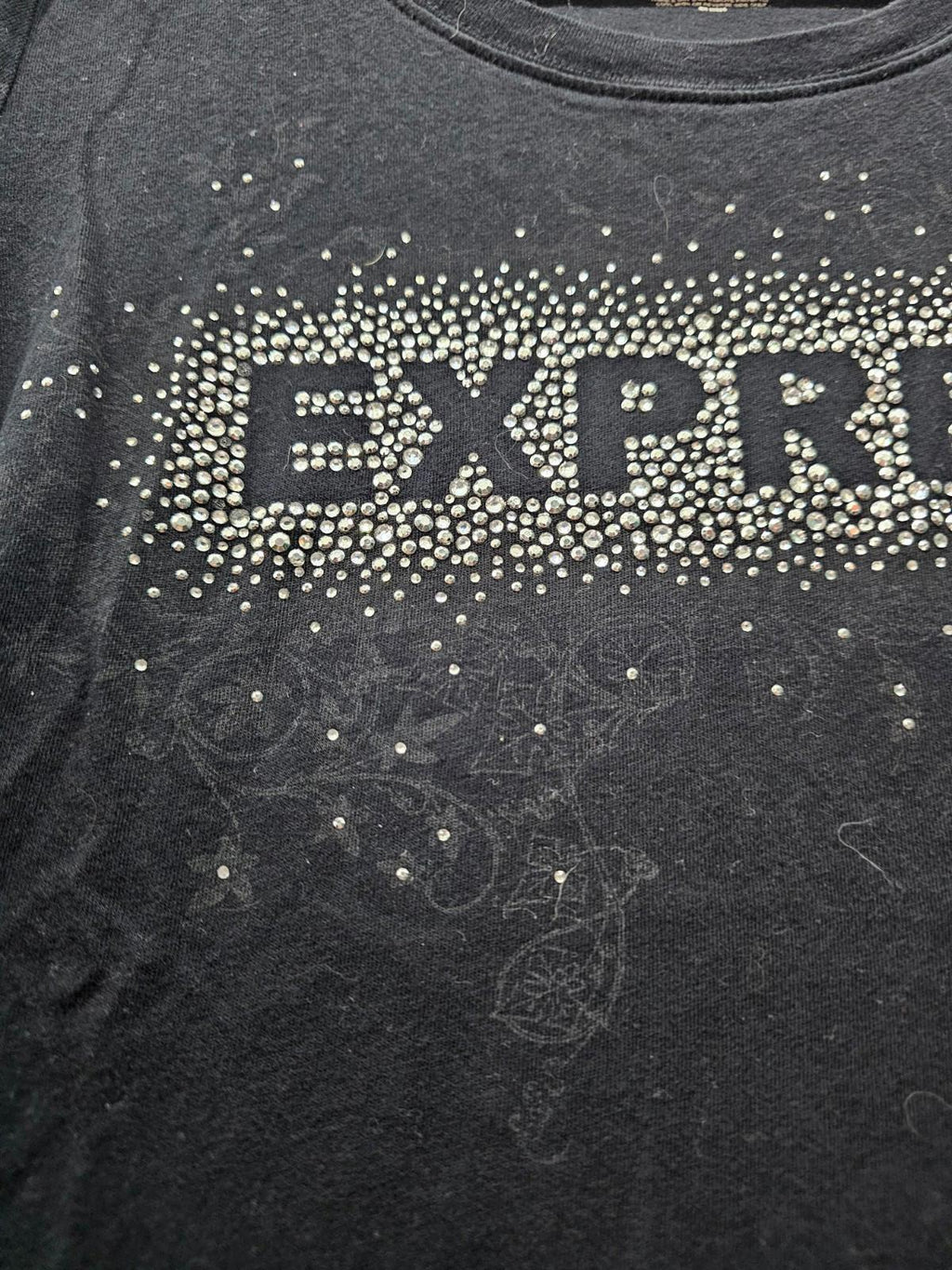 Express Rhinestone Logo T-Shirt Women's Medium Black Sparkle Graphic Tee