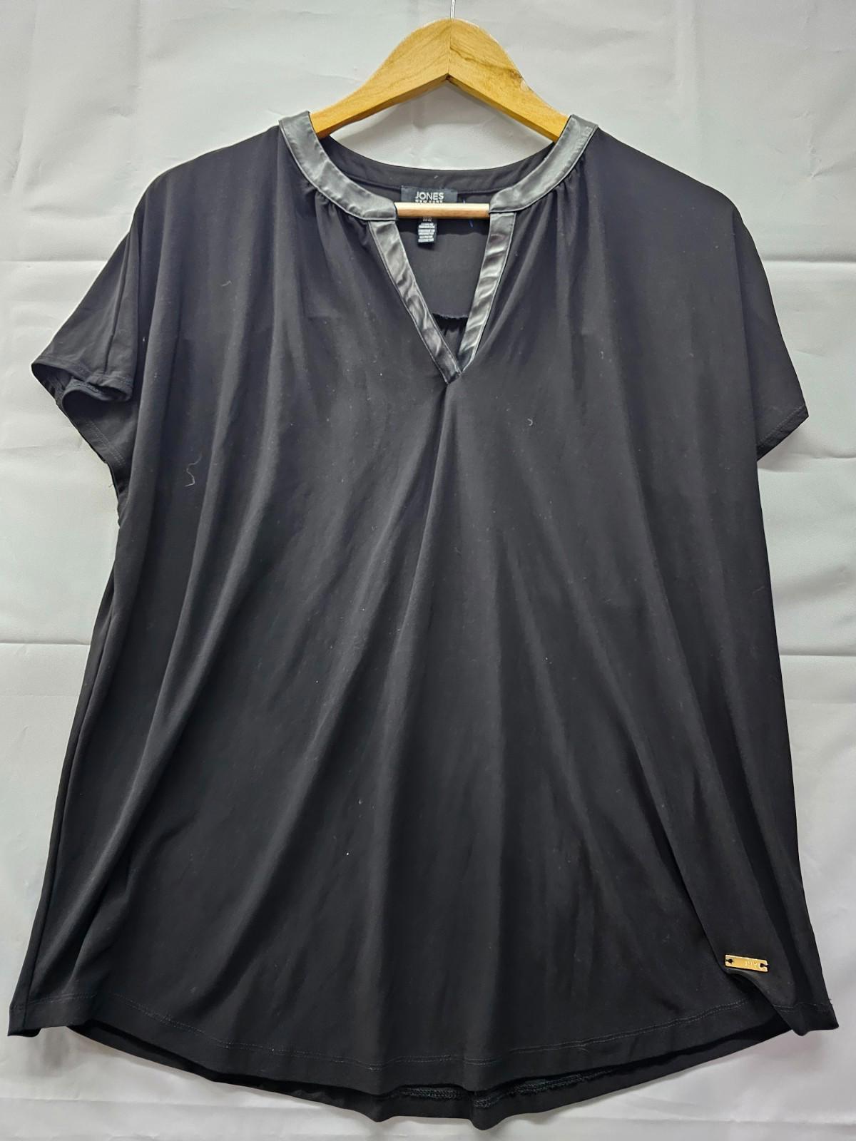 Jones New York Signature Black Faux Leather Trim Top Women's XL Short Sleeve