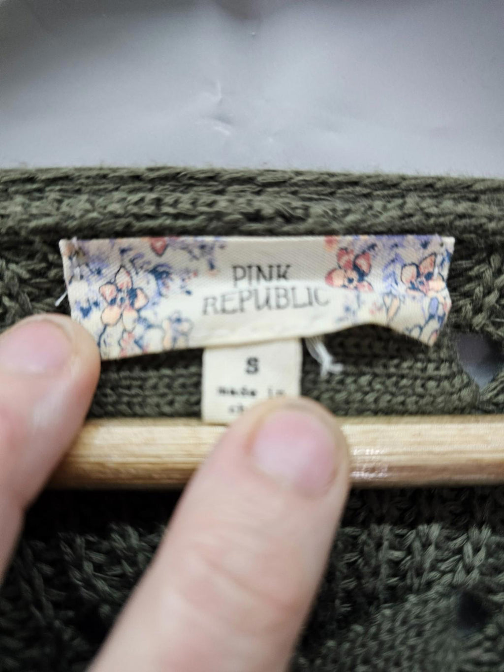 Pink Republic Olive Green Knit Cardigan Women Small Bow Back Open Front Sweater