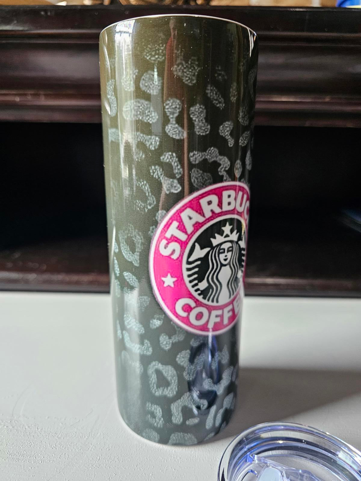 Custom 20oz Starbucks-Inspired Tumbler – Pink Logo & Leopard Print