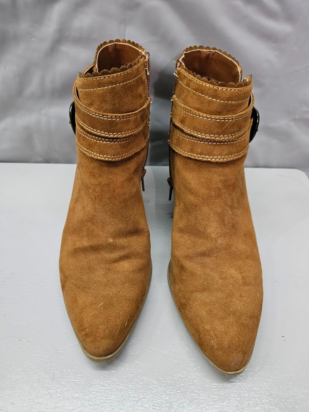 St. John’s Bay Tan Suede Ankle Booties Western Stacked Heel Zip Boot