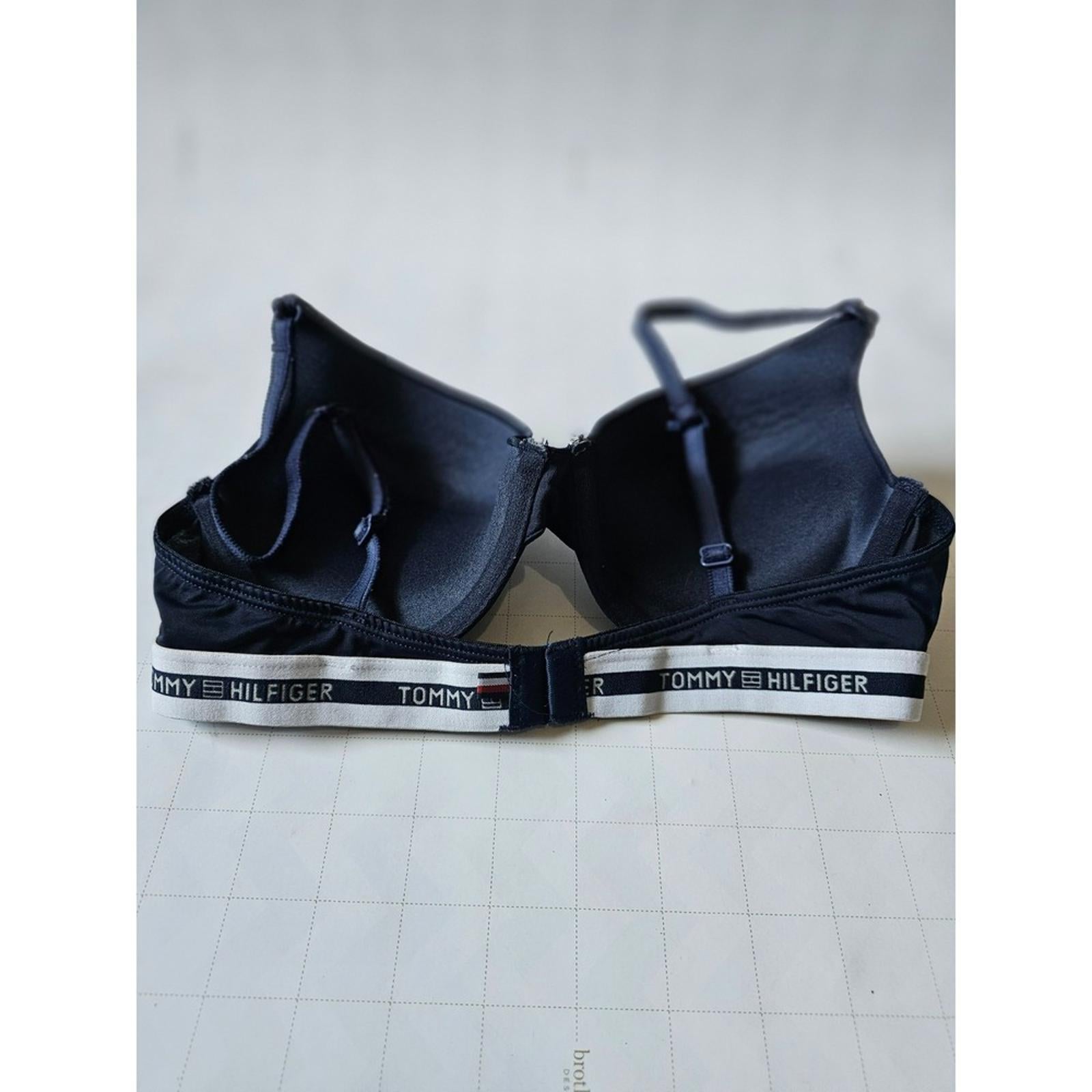 Tommy Hilfiger Womens TBack Push Up Bra 36C Navy Cream Logo Racerback