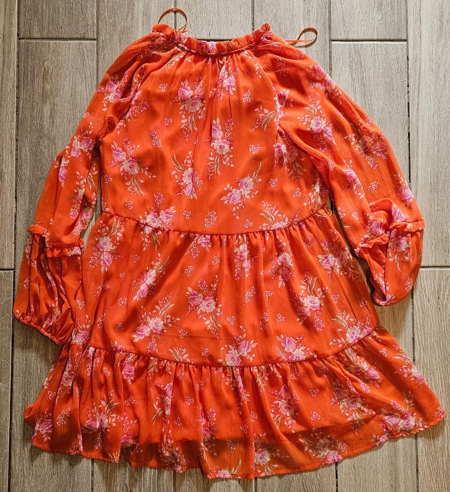Vince Camuto Floral Tiered Split V-neck Dress Orange XS