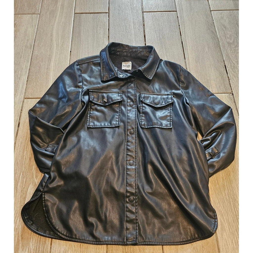Kensie Jeans Black Faux Leather Button Up Shirt Jacket Women's Medium