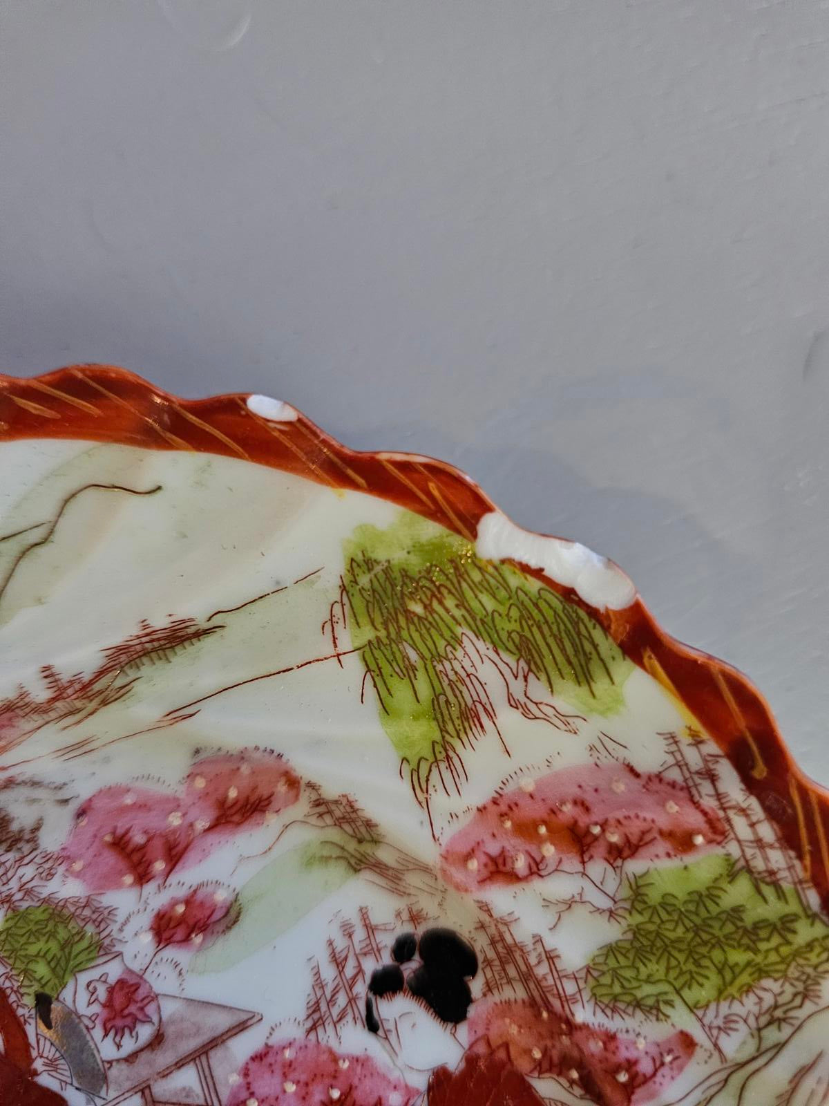 Vintage Japanese Decorative Plate 7in Hand Painted Geisha Scene Floral Rim