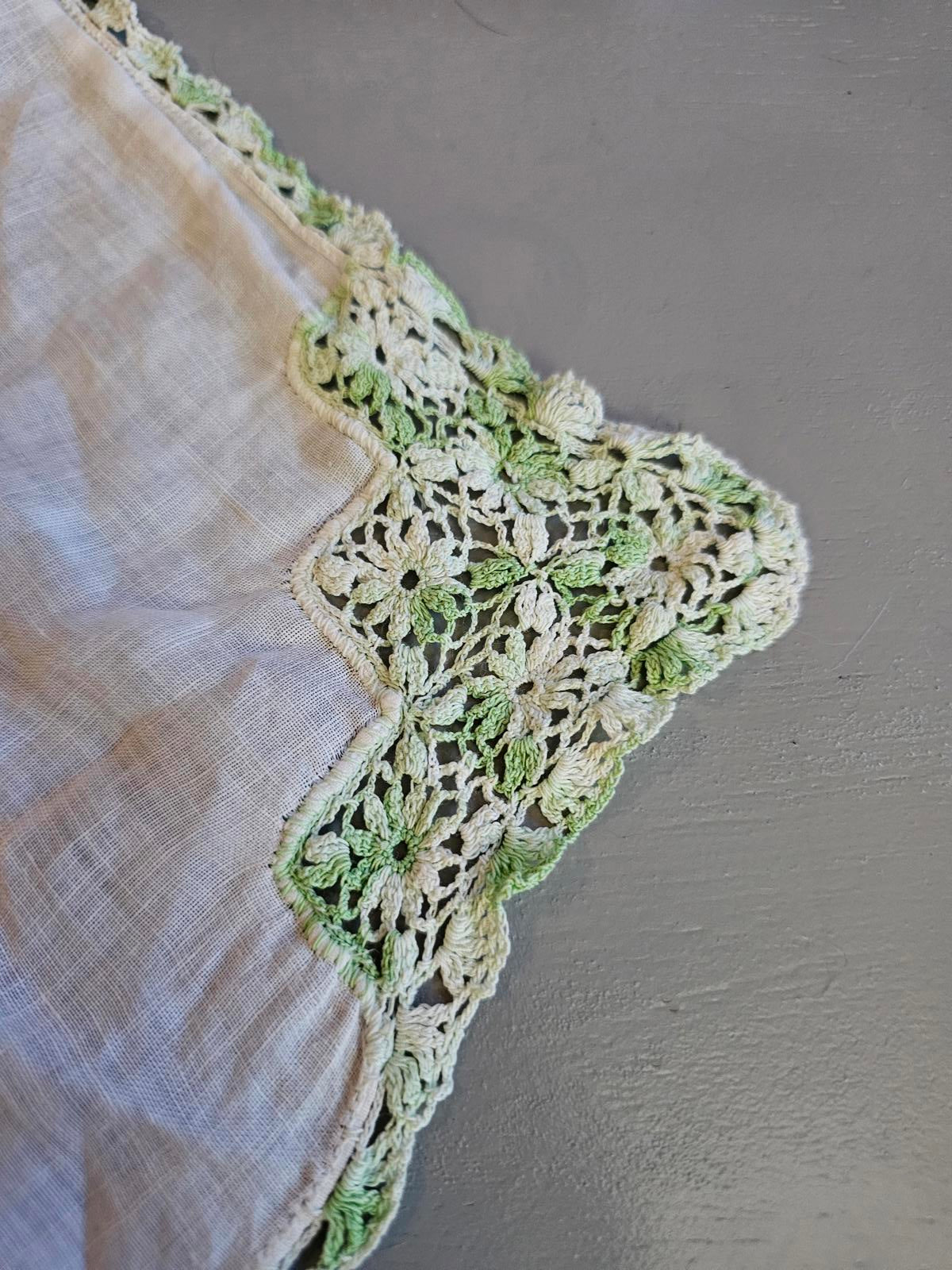 Vintage Hand Crochet Lace Hankies Set of 4 White Linen with Yellow Green Edging