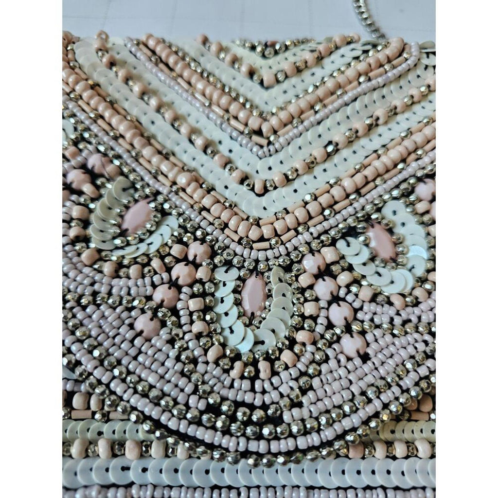 Beaded Clutch Purse Blush Ivory Metallic Sequins Foldover Bag Silver Chain