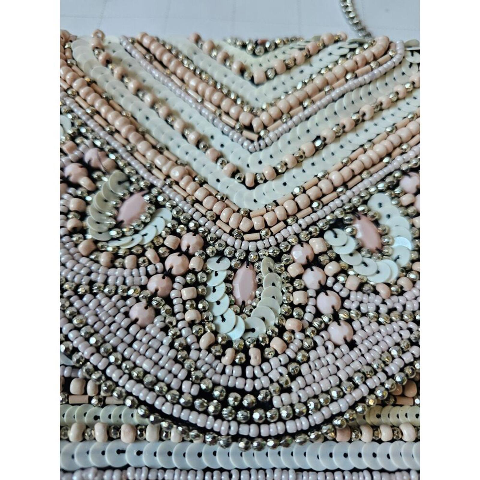 Beaded Clutch Purse Blush Ivory Metallic Sequins Foldover Bag Silver Chain