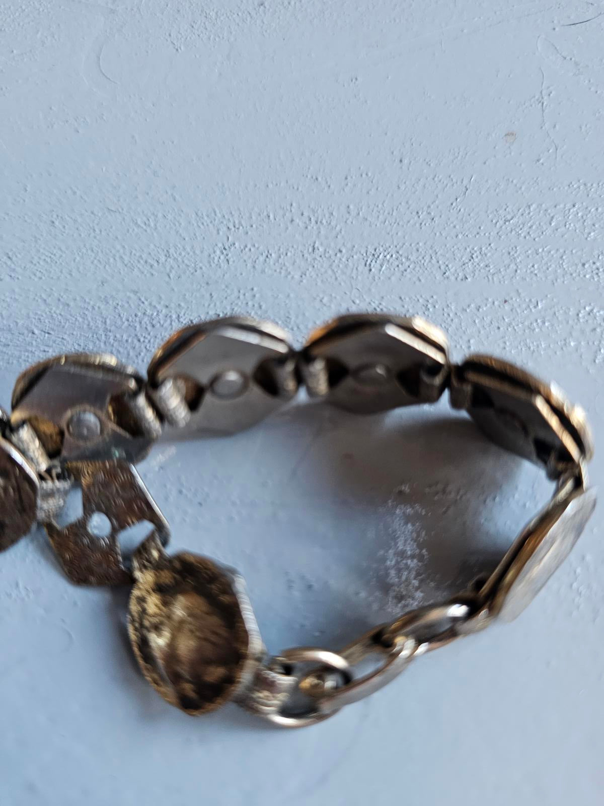 Vintage Silver-Tone Coin Link Bracelet Roman Head Design Patina Finish