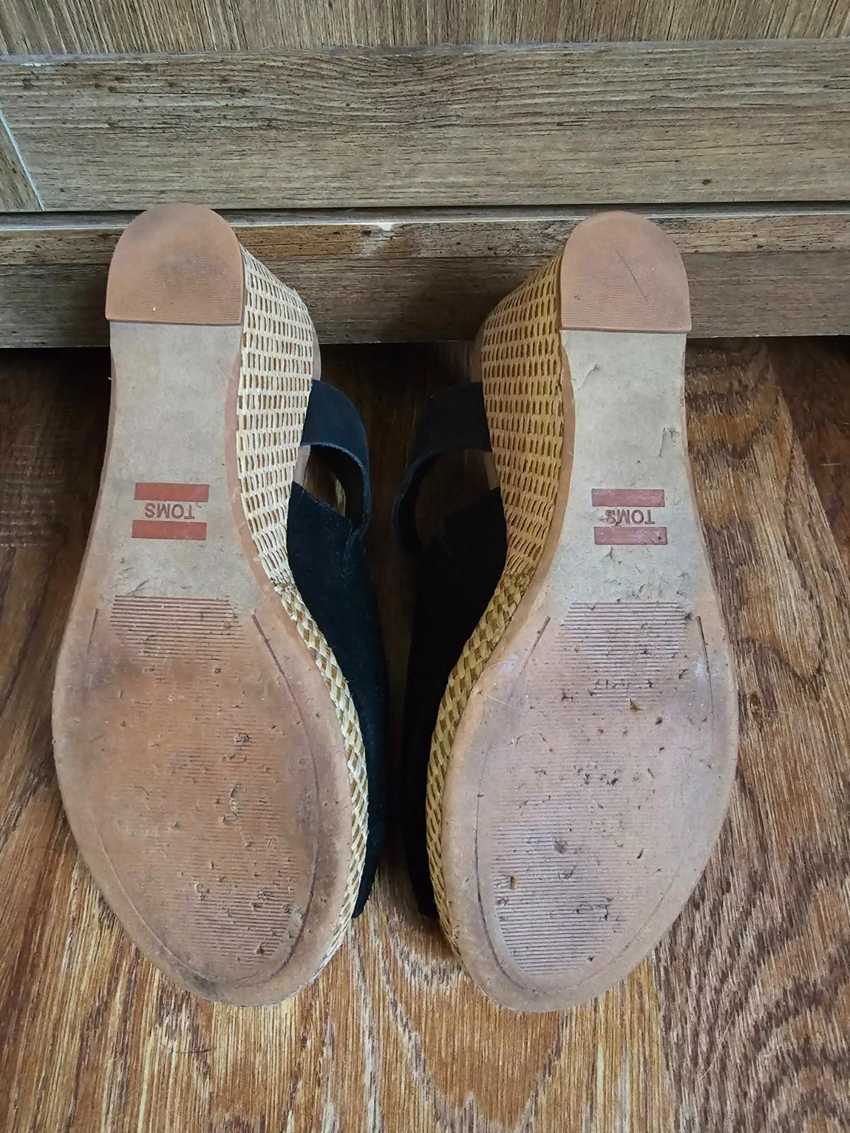 TOMS Womens Tropez Wedge Sandals Black Suede Leather Size 6.5