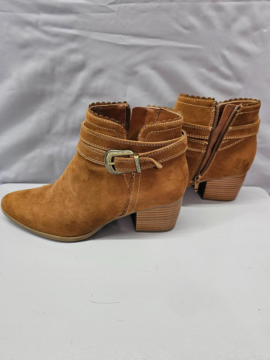 St. John’s Bay Tan Suede Ankle Booties Western Stacked Heel Zip Boot