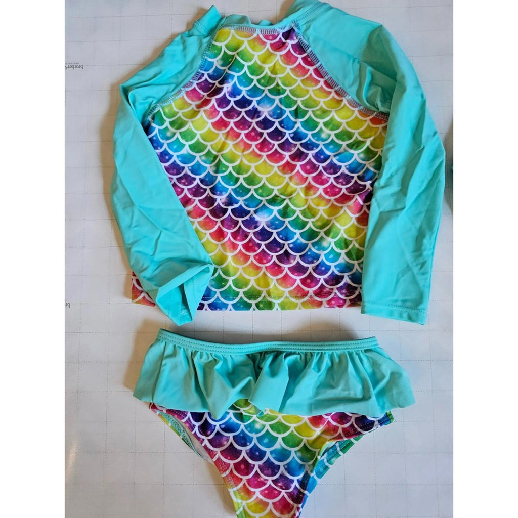 Girls Rash Guard Swimsuit Set Rainbow Mermaid Scales Sizes 2T and 3-4