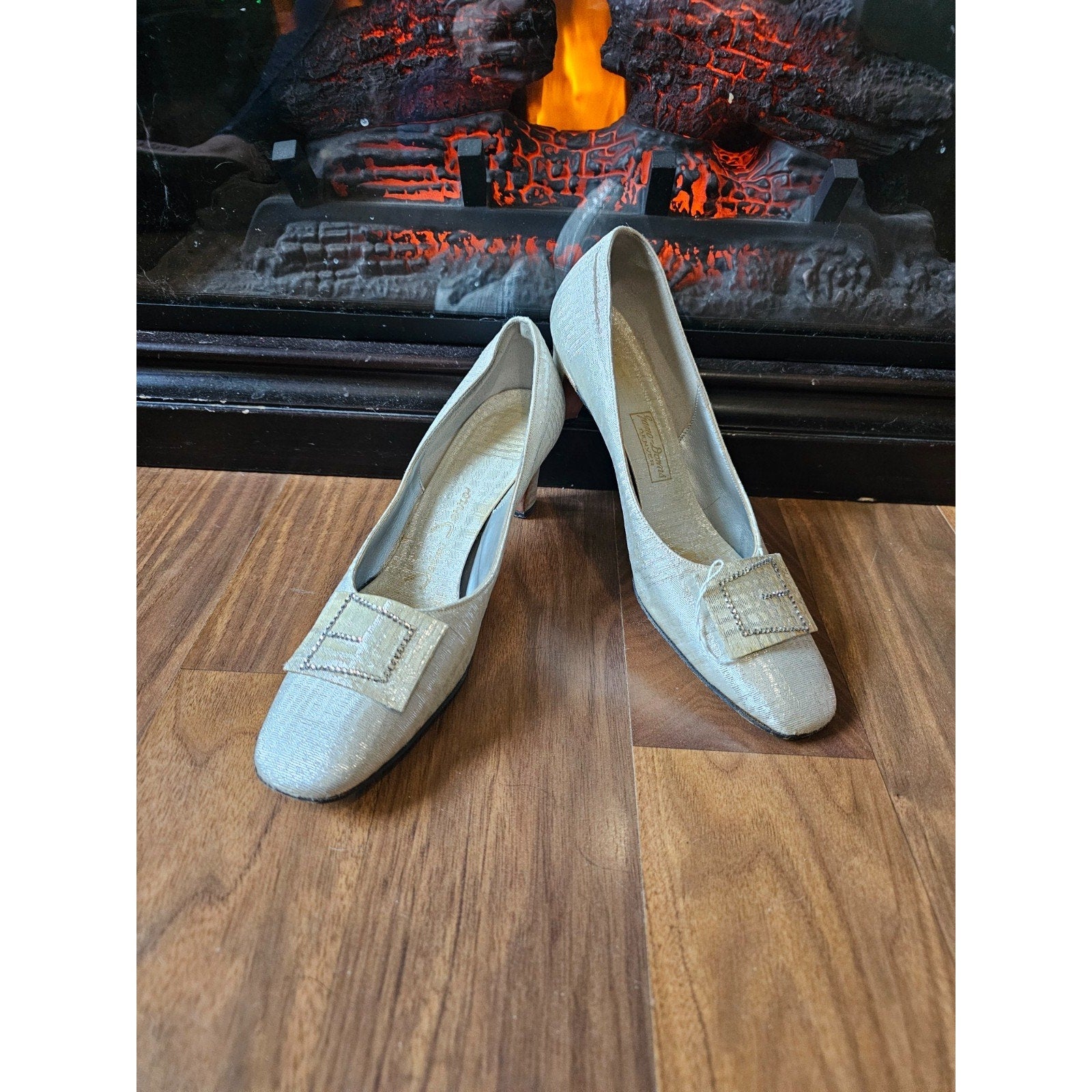 Vintage 1960s John David Denver Wedding Shoes Ivory Rhinestone Buckle Heels 7.5