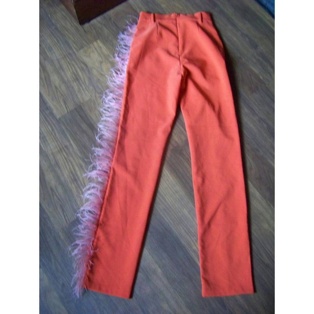 AMMO Coral Orange Feather Trim Pants Small High Waist Statement Fringe