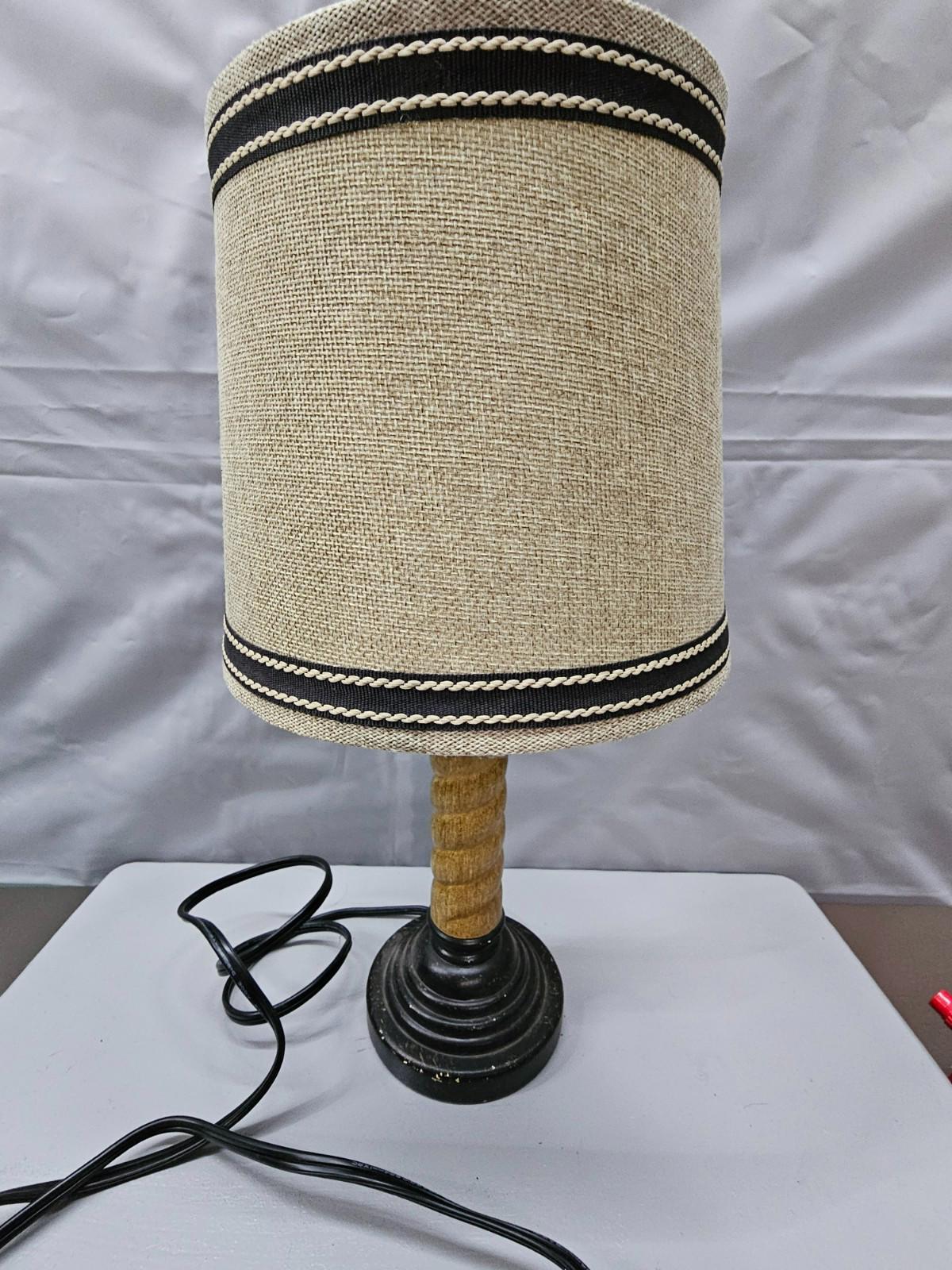 Rustic Wood & Metal Table Lamp – Burlap Shade – 6.25” Diameter