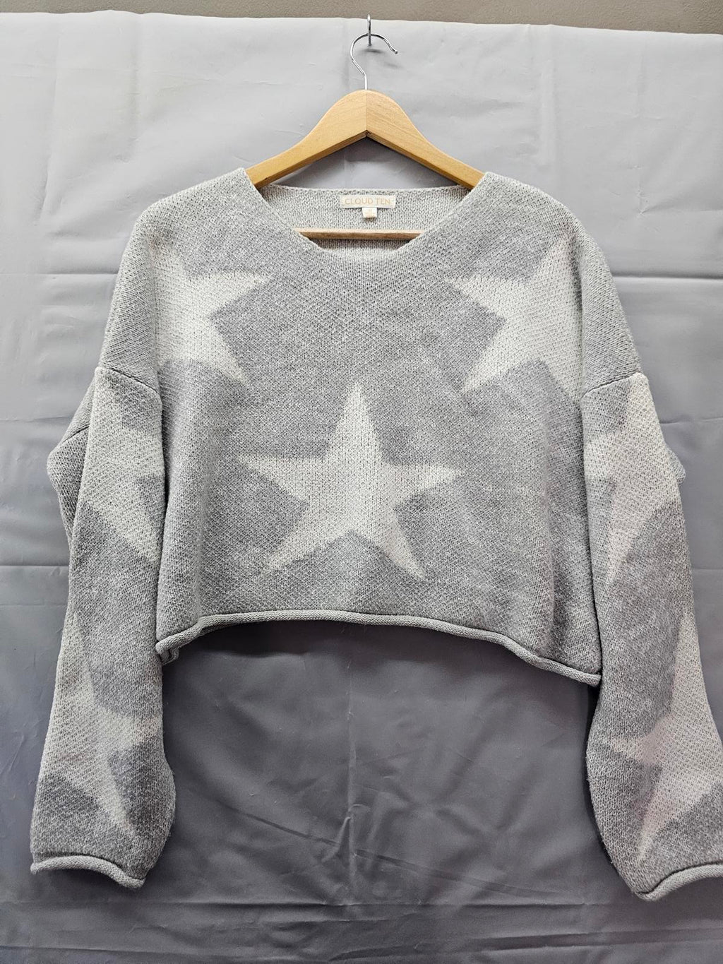 Cloud Ten Gray White Star Knit Sweater Crop Pullover Long Sleeve Women's Medium
