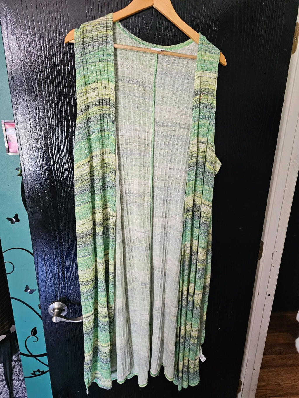 LuLaRoe Long Duster Vest Green & Yellow Striped Open Front Women’s XL