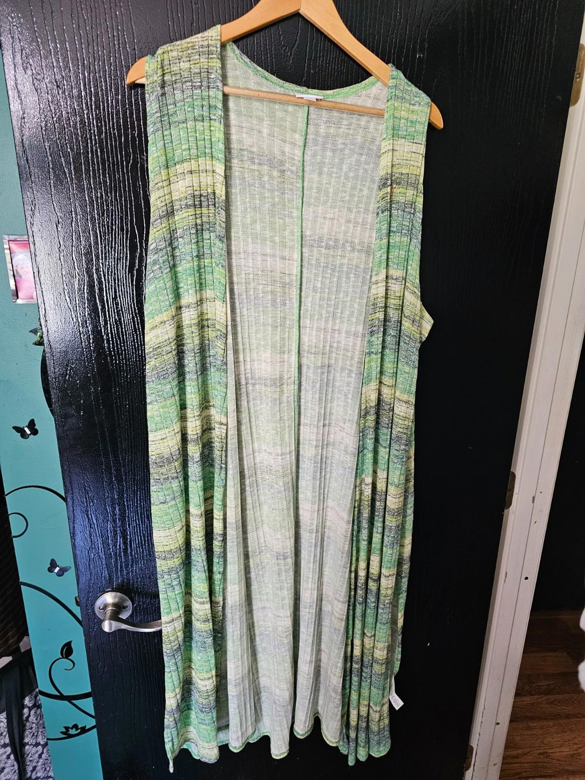 LuLaRoe Long Duster Vest Green & Yellow Striped Open Front Women’s XL