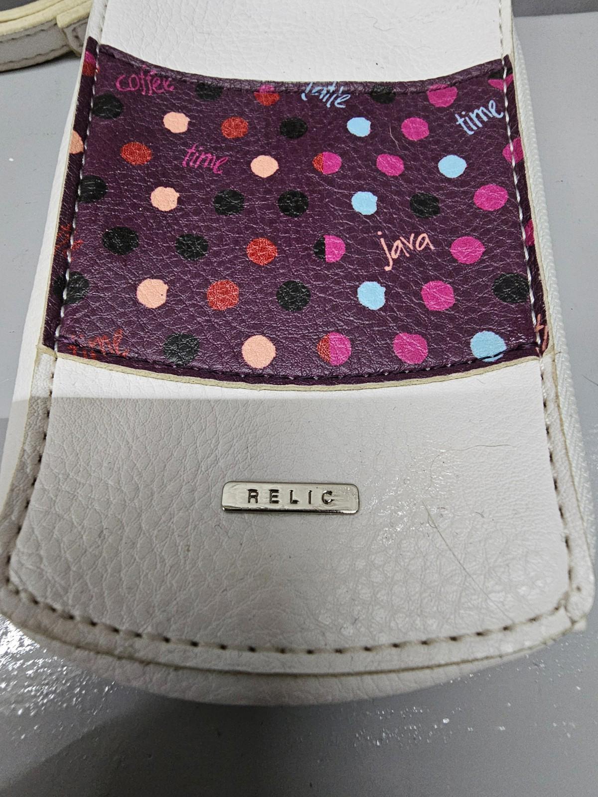 Relic by Fossil Wristlet “Coffee Time Java” Polka Dot Print, White Faux Leather