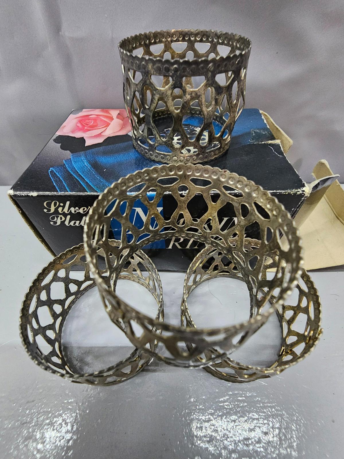Vintage Silver-Plated Napkin Rings Set of 4 Ornate Open Filigree Design