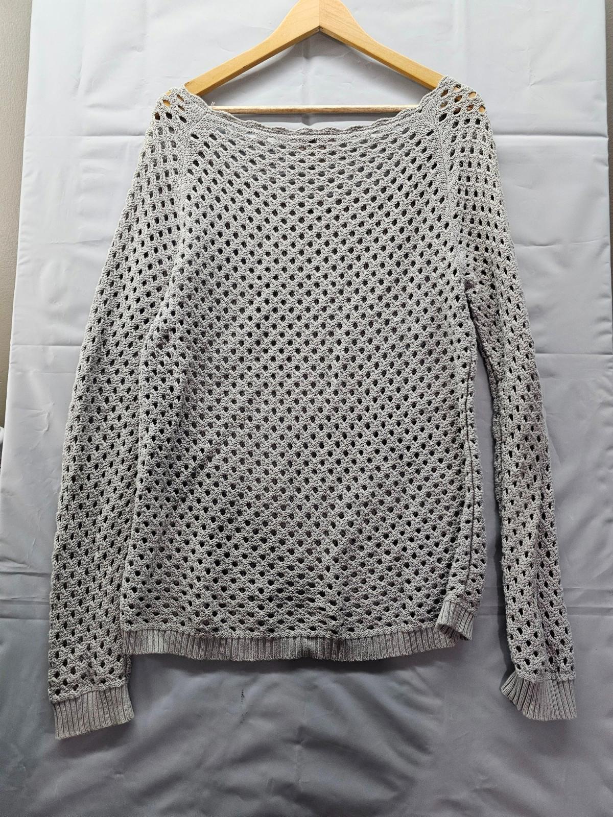 LOFT Gray Open Knit Sweater Women's Medium Scoop Neck Long Sleeve Pullover