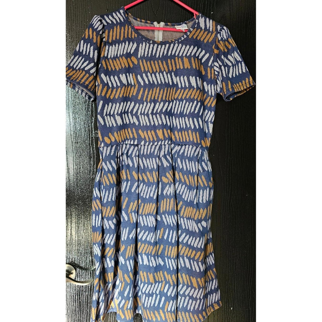 LuLaRoe Dress 2XL Navy Mustard White Geometric Print Exposed Zipper