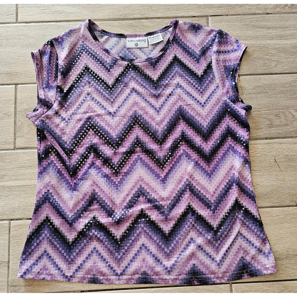 Kathy Ireland Women's Black Purple Sequin Top Blouse L