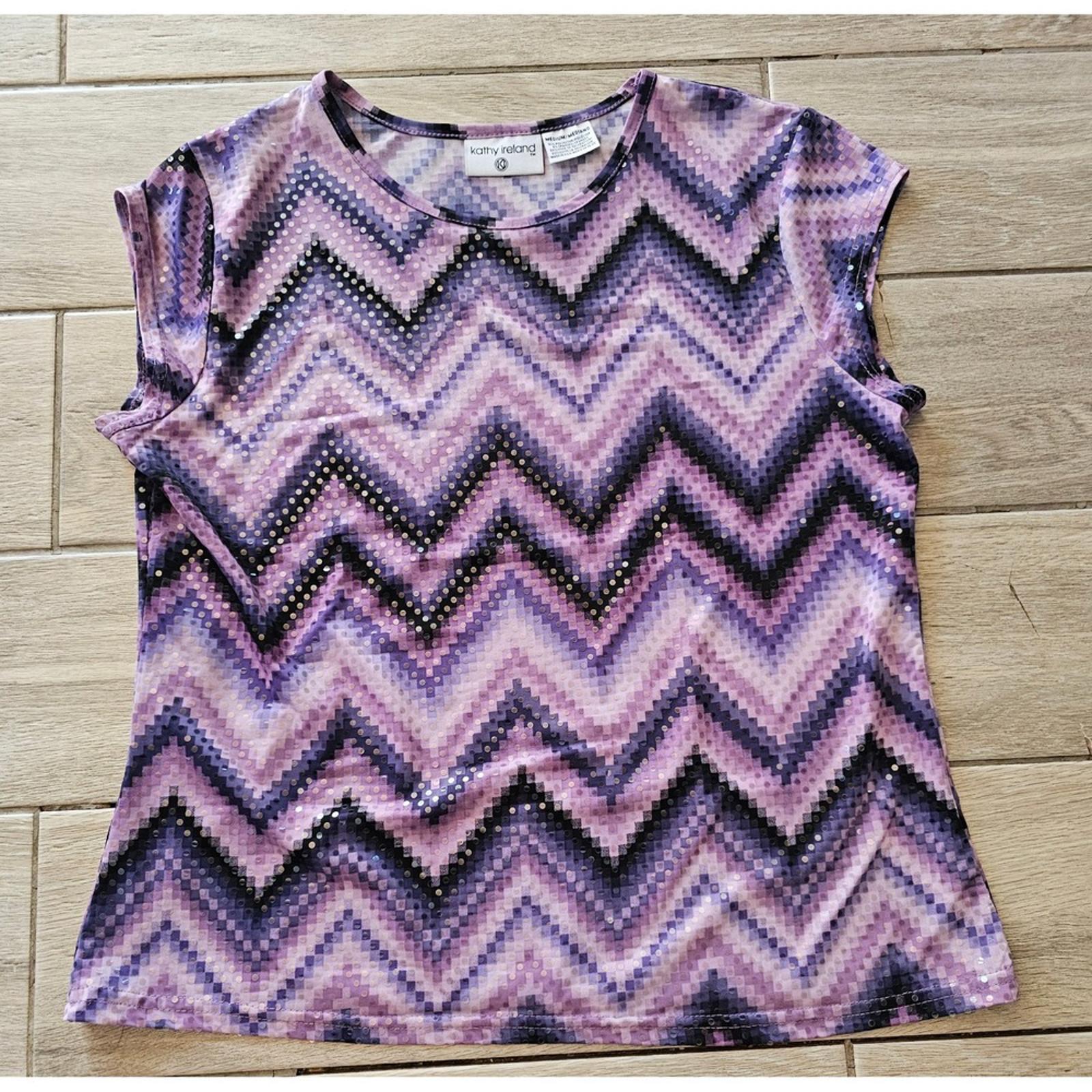 Kathy Ireland Women's Black Purple Sequin Top Blouse L