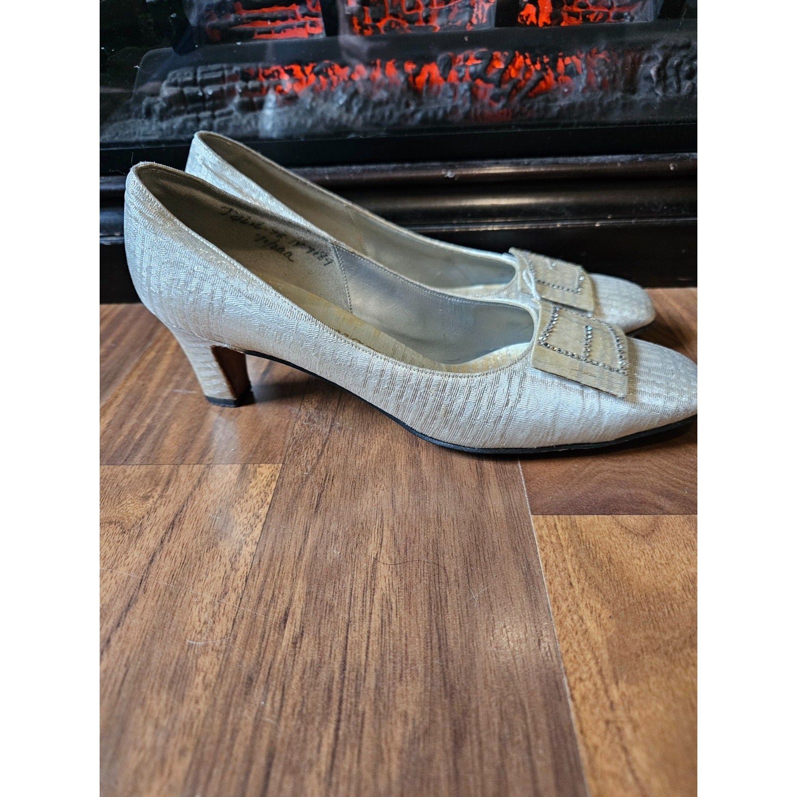 Vintage 1960s John David Denver Wedding Shoes Ivory Rhinestone Buckle Heels 7.5