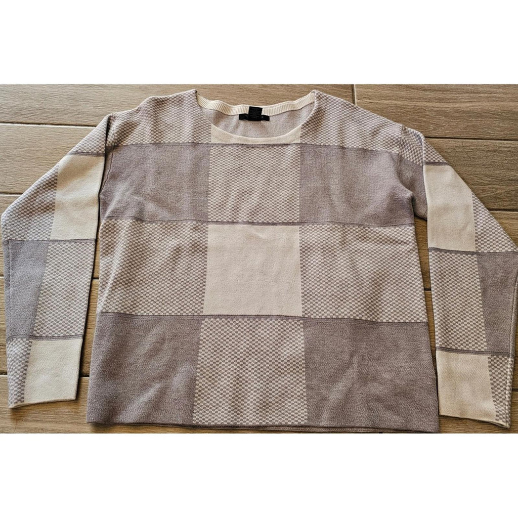 Tahari Taupe Cream Checkered Block Sweater Women's Medium