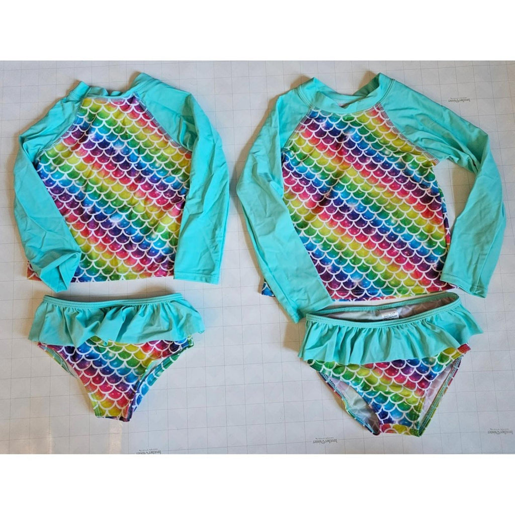 Girls Rash Guard Swimsuit Set Rainbow Mermaid Scales Sizes 2T and 3-4
