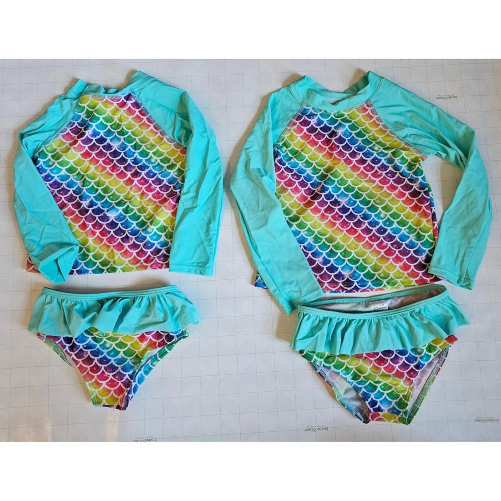 Girls Rash Guard Swimsuit Set Rainbow Mermaid Scales Sizes 2T and 3-4