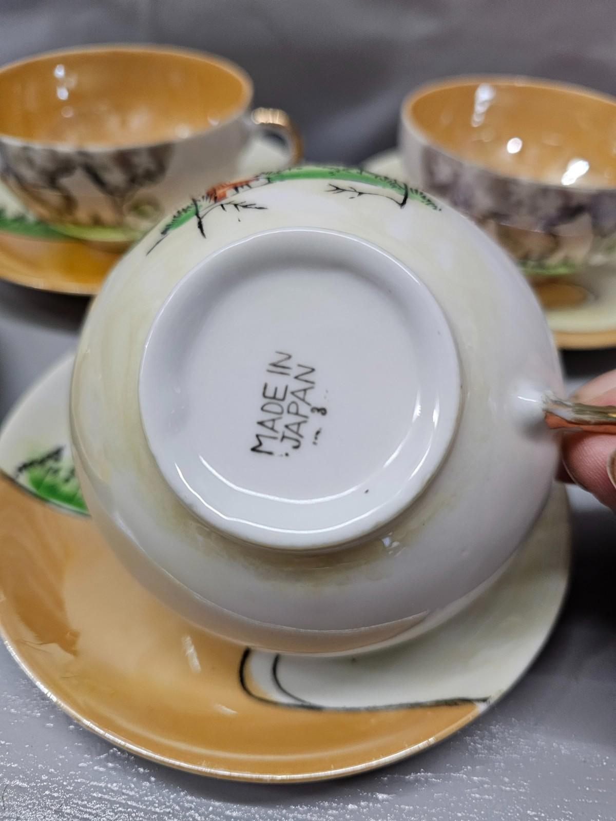 Vintage Hand Painted Japan Teacup Saucer Set of 4 Cottage Scene Nippon