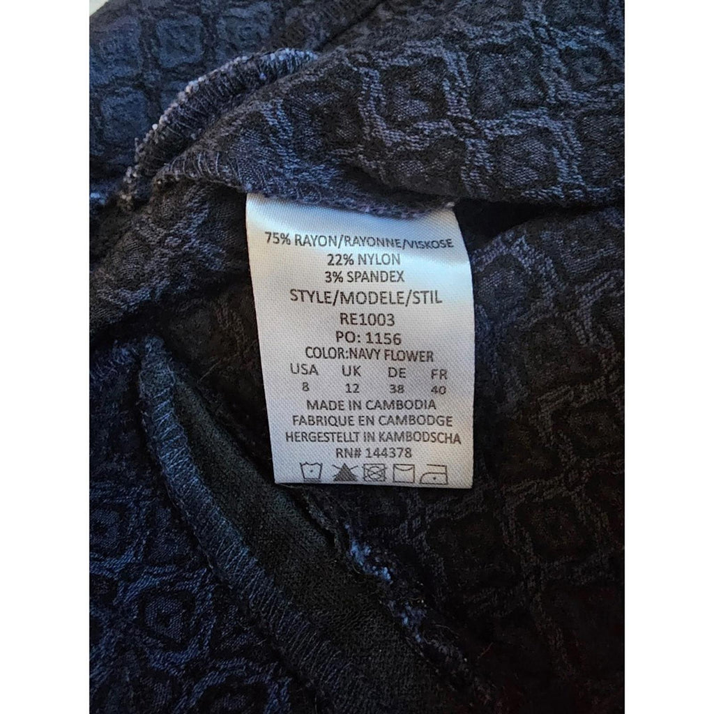 Rekucci Navy Floral Jacquard Slim Pants Size 8 Stretch Pull On Trousers
