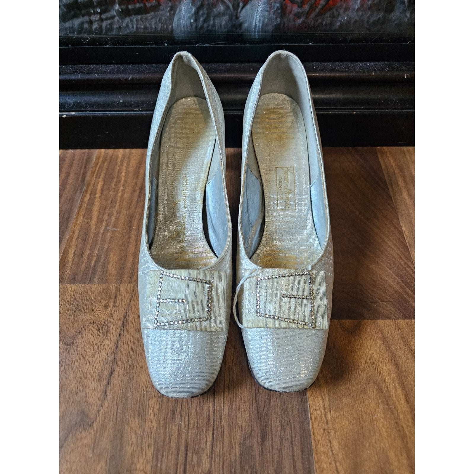 Vintage 1960s John David Denver Wedding Shoes Ivory Rhinestone Buckle Heels 7.5