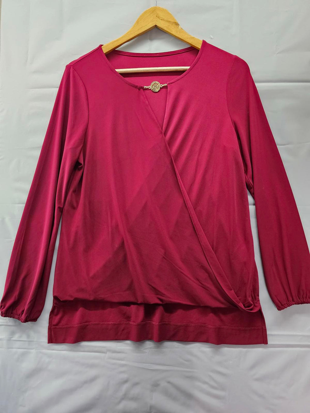 Anne Klein Burgundy Faux Wrap Top Gold Tree Accent Long Sleeve Women's Large