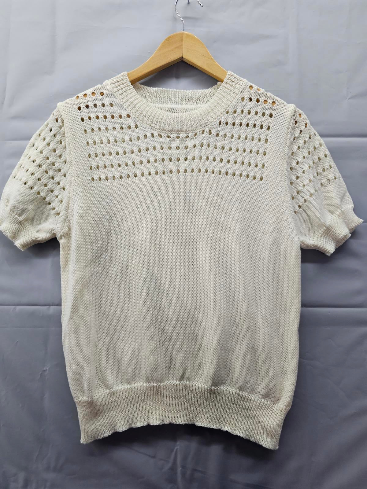 Cream Short Sleeve Pointelle Knit Sweater Top Lightweight Pullover Women's Small