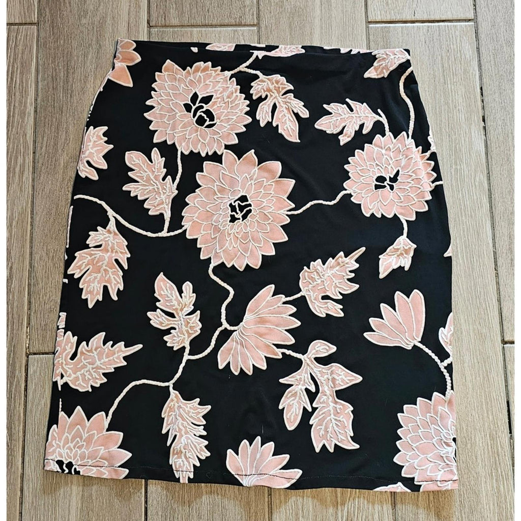 NYCC Black Pink Floral Pencil Skirt Medium Stretch Pull On