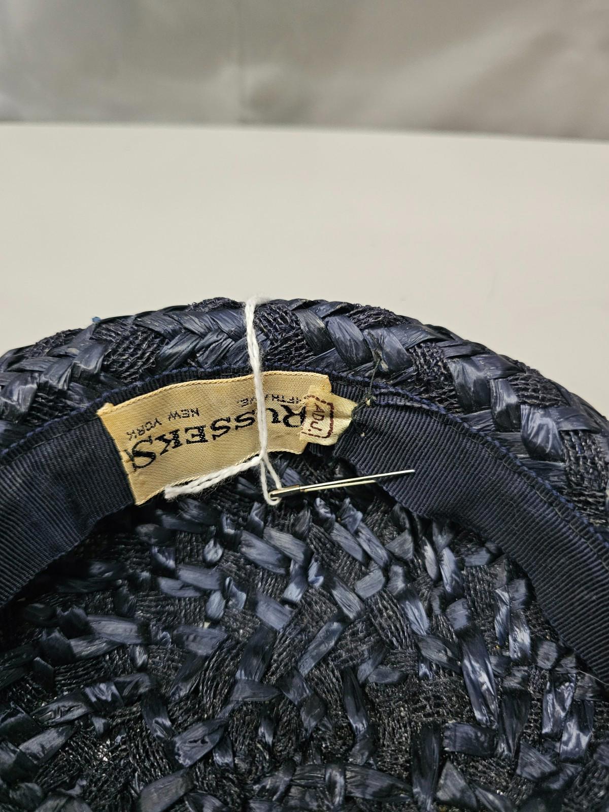 Vintage Russeks Fifth Avenue Navy Straw Hat 1950s Elegant Structured Bri