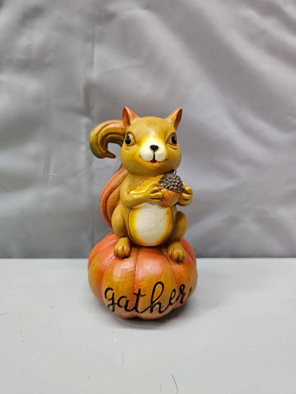 Fall Squirrel Pumpkin Figurine Gather Decor Woodland Autumn Accent