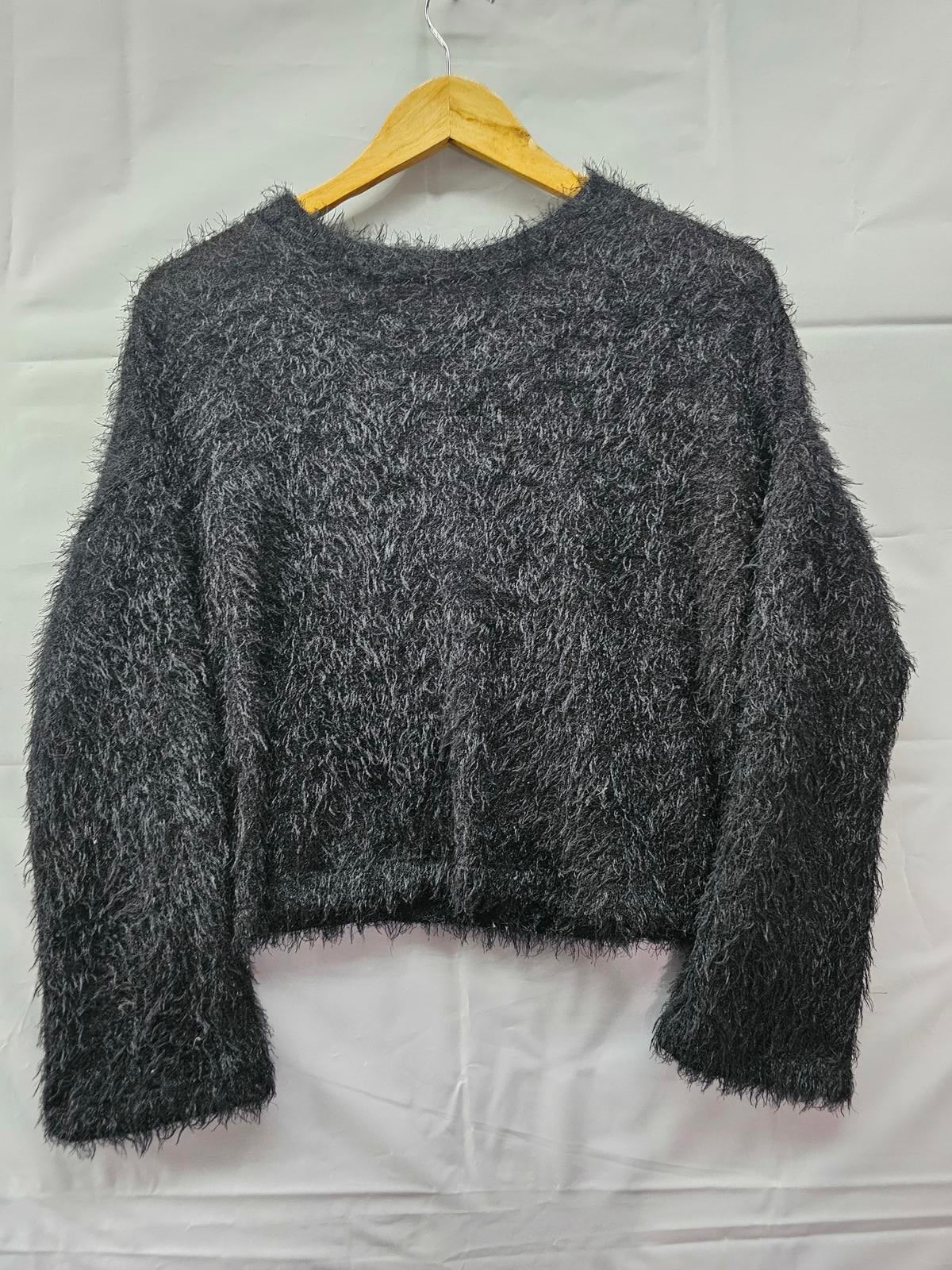 Mod On Trend Black Fuzzy Eyelash Knit Sweater Soft Long Sleeve Women's Medium
