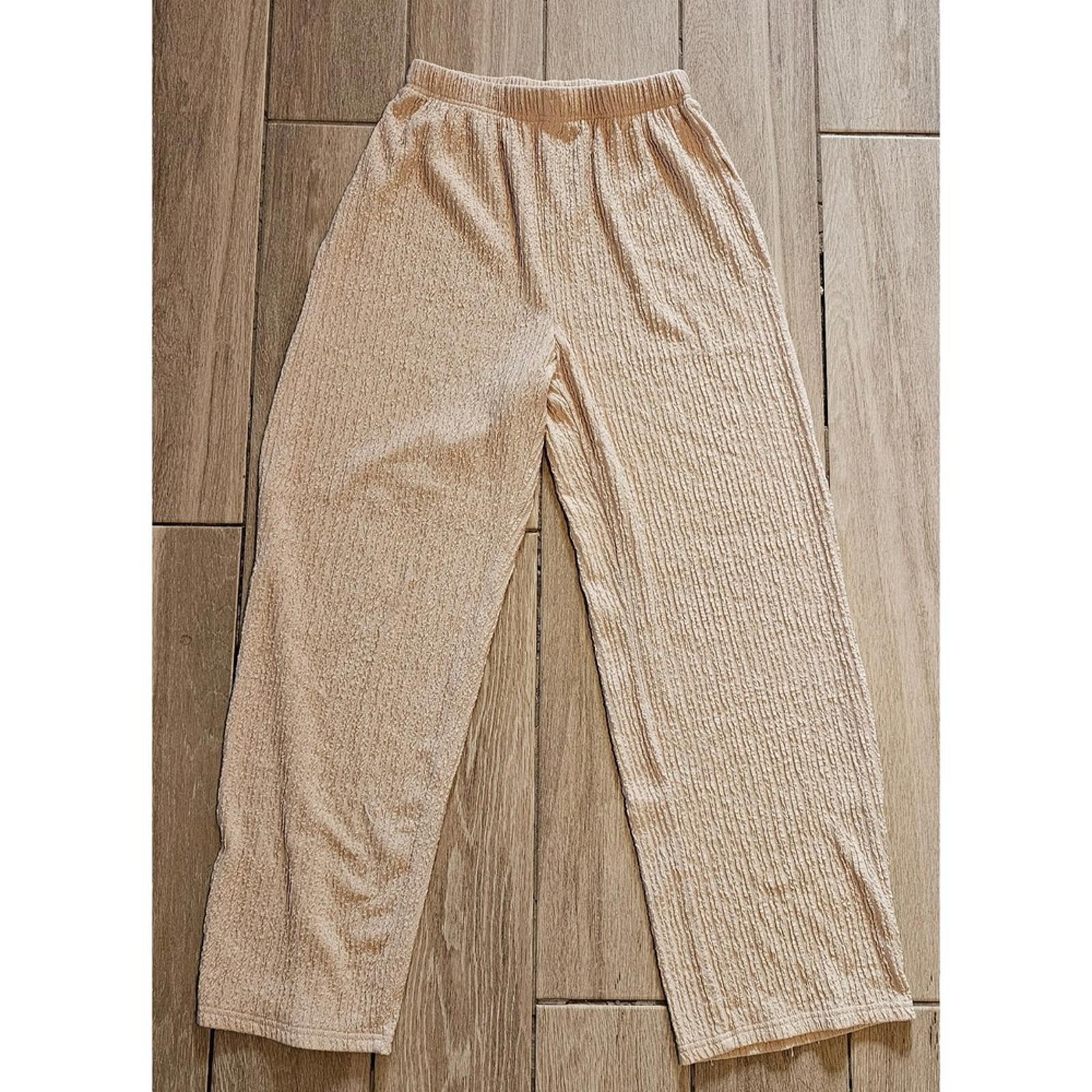 Beige Textured Lounge Pants Large Elastic Waist Relaxed Fit Casual