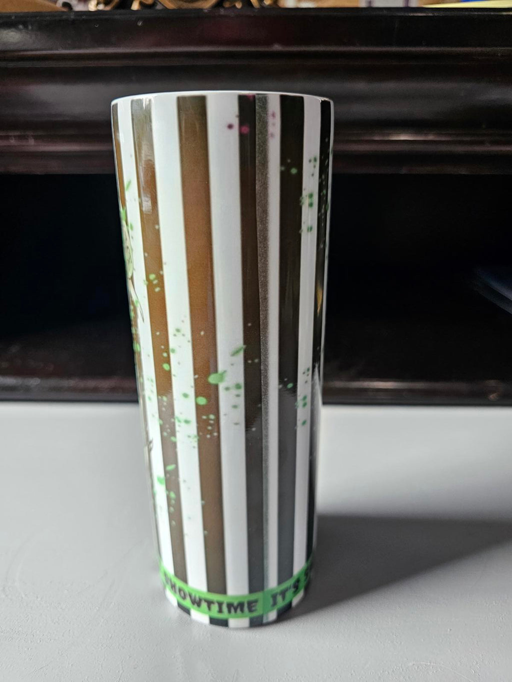Custom 20oz Beetlejuice Tumbler – It’s Showtime Design, As-Is Blurry Print