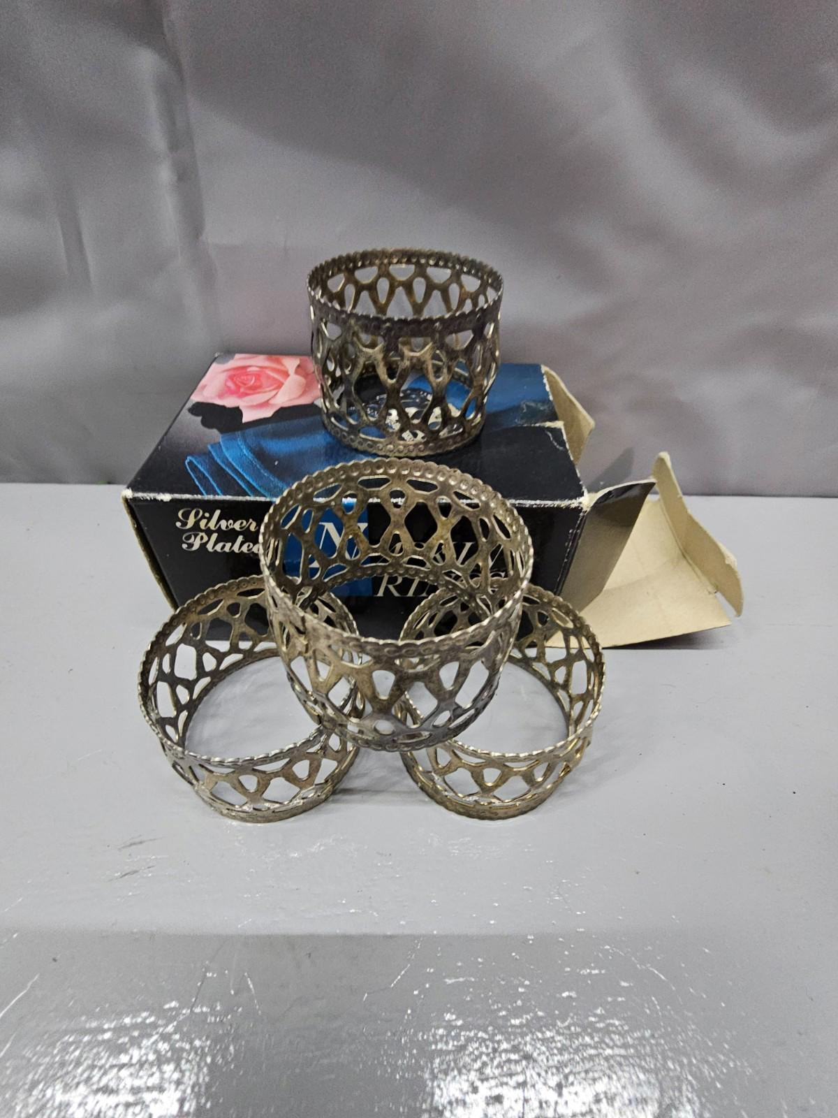 Vintage Silver-Plated Napkin Rings Set of 4 Ornate Open Filigree Design