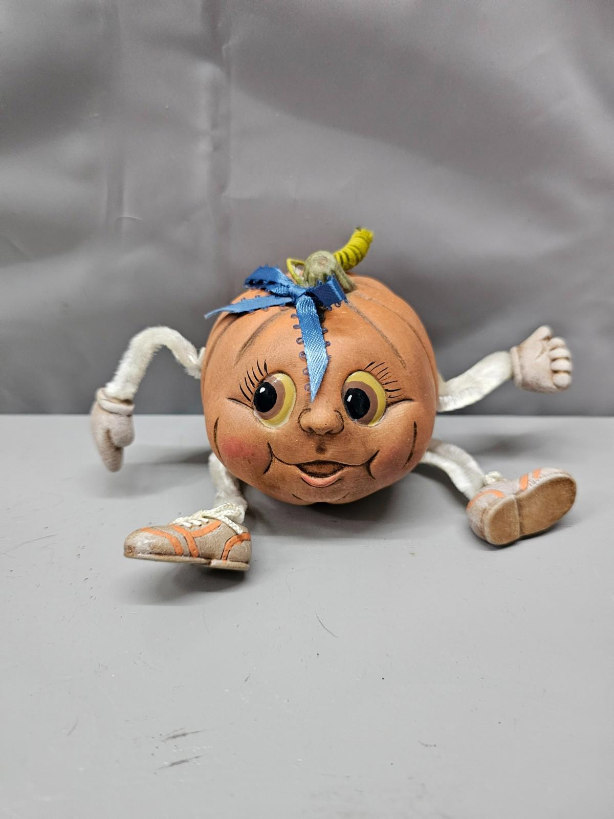 Pumpkin Head Doll Blue Bow Plush Arms Halloween Fall Decor